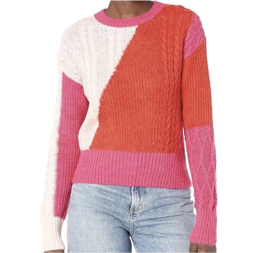 French Connection Madelyn Sweater Size Medium Colorful Pink Orange Cable Knit
